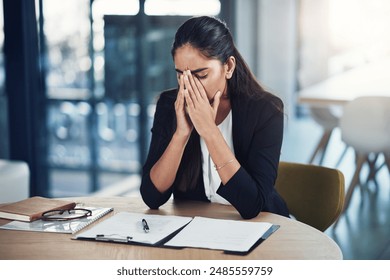 Business woman, paperwork and lawyer with stress for contract mistake, policy fail and burnout in office. Female attorney, frustrated and insurance form for bankruptcy, crisis and anxiety at law firm - Powered by Shutterstock