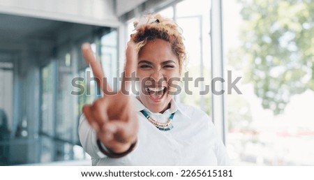 Business woman, peace and in office with sign, happy and motivation. Hispanic female, girl or hand gesture for solidarity, funny or goofy for break, laughing and joyful with smile, success and vision