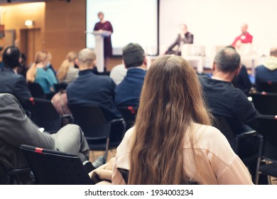 Business woman and people Listening on The Conference. Horizontal Image