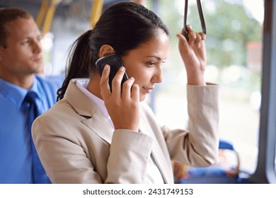 Business woman, phone call and bus for travel, public transport and commute to work in urban city. Female person, professional and lawyer with cellphone, talking and listening in transit in London - Powered by Shutterstock