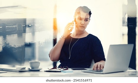 Business woman, phone call or laptop with double exposure for communication, project or design at office. Young, female person or designer talking with overlay, mobile smartphone or computer for plan - Powered by Shutterstock