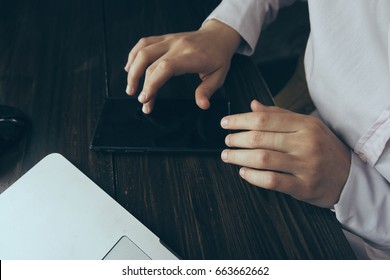 Business woman with phone, business woman working, laptop, phone. - Shutterstock ID 663662662