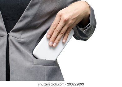 Business Woman Picking Up Mobile Phone From Pocket