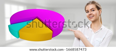 Business woman point finger near colorful pie graph in the air. Over office background.