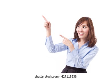 business woman pointing up at blank space, studio isolated of asian woman model - Shutterstock ID 429119338