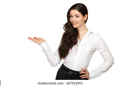 Business woman is pointing with his hand and smiling