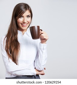 Business woman portrait with cup , isolated. Female model with long hair.