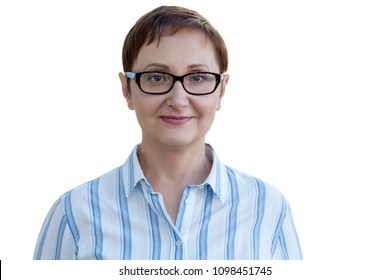 Business Woman Portrait Isolated On White Background / Studio. Middle Aged Older  Teacher, Principal, Manager Wearing Glasses And Shirt. Close Up Face