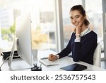 Business, woman and portrait on computer in office of communication, company schedule and reading email. Girl, online and administration for legal report, financial feedback and data entry of project