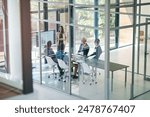 Business woman, presentation and conference room window with collaboration and digital chart. Speaker, financial and accounting data with above and presenter in office with company stats review