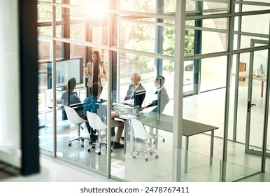 Business woman, presentation and meeting room glass with conference and digital chart. Speaker, financial and accounting data with workshop and presenter in office with company stats review above - Powered by Shutterstock