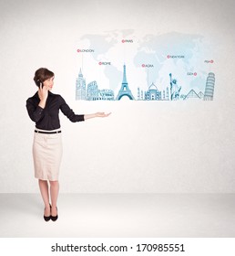 Business Woman Presenting Map Famous Cities Stock Photo 170985551 ...