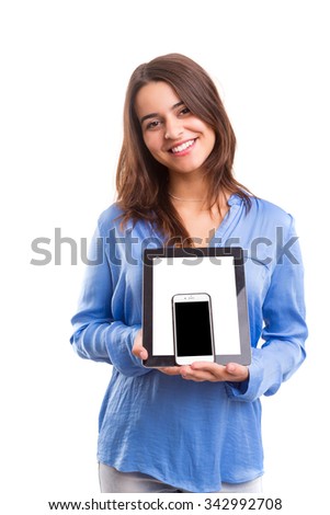 Business woman presenting your product on a last generation smartphone and tablet computer