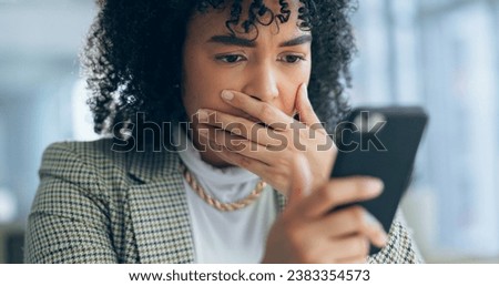 Business woman, reading phone and shocked for news, social media post or marketing error in office. Young african employee confused, surprise and stress on mobile for scam, mistake or wrong email