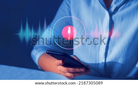 Business woman recording the conversation with customers. 
Customer service landing page. Concept of online customer support, telemarketing, consulting, call center and assistance. 