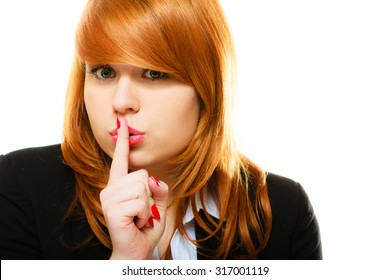 Business Woman Redhaired Girl Asking For Silence Or Secrecy With Finger On Lips Hush Hand Gesture. Isolated