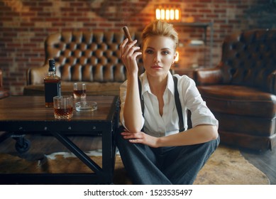 Business Woman Relax With Whiskey And Cigar