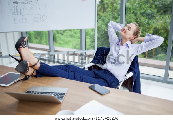 Business Woman Relaxing Sleeping Her Feet Stock Photo Edit Now