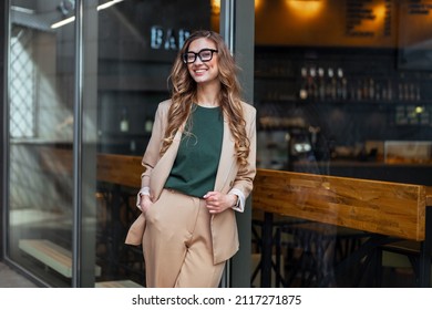 Business Woman Restaurant Owner Dressed Elegant Pantsuit Standing Near Restaurant Big Window Outdoor Caucasian Female Glasses Business Person  - Shutterstock ID 2117271875