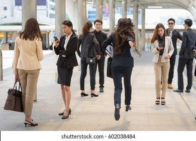 Business Woman Running To Put Time Stamp In The Morning To Work Job Late Today