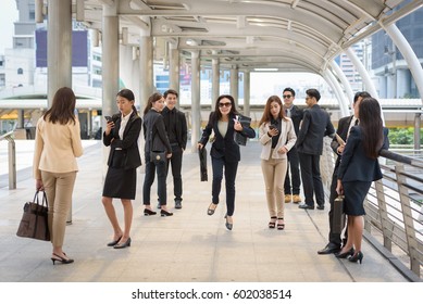 Business Woman Running To Put Time Stamp In The Morning To Work Job Late Today