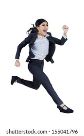 Business Woman Running In Suit In Full Body Isolated On White Background.