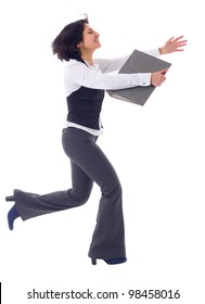 Business Woman Running In Suit In Full Body Isolated On White Background