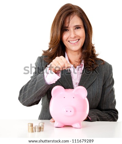 Millionaire business woman holding dollar bills - isolated over white