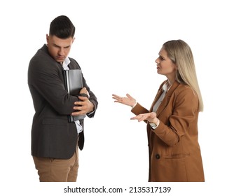 Business Woman Scolding Employee For Being Late On White Background