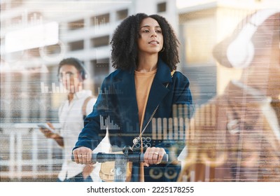 Business woman, scooter and travel in city or street with data or graphs overlay. Double exposure, electric moped or black female traveling to work in sustainable transport to reduce carbon footprint - Powered by Shutterstock