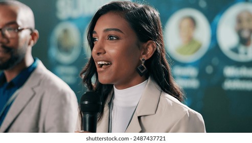 Business woman, seminar and speaking for presentation, teaching and discussion at work conference. Female presenter, microphone and speech for networking workshop, trade show and education forum - Powered by Shutterstock