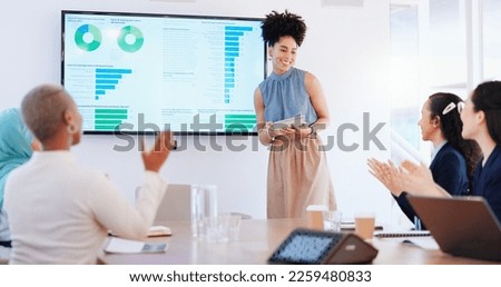 Business woman, seminar success and applause with tablet and screen, stats and ppt, infographic and team support. Thank you, business meeting with black woman speaker and marketing statistics