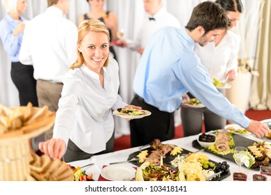 Business Woman Serve Herself At Buffet Catering Service Company Event