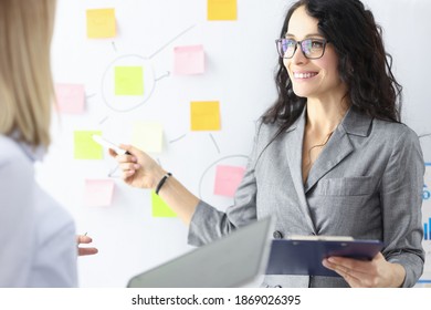 Business woman showing colleague with ballpoint pen stickers on chalkboard. Conducting trainings concept