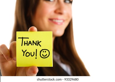 Business Woman Showing A Post-it To Thank You