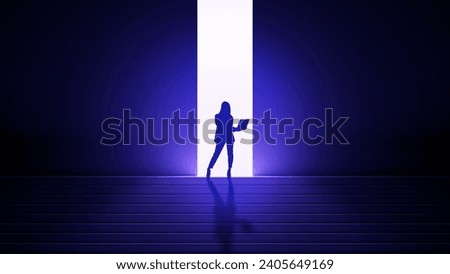 Business woman silhouette. Investor girl in dark. Businesswoman is standing on stairs. Woman leader emerges from tunnel. Businesswoman stands with computer in hands. Leadership and ambition concept
