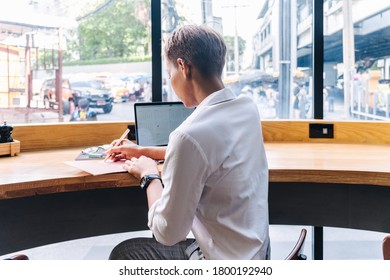 Business Woman Sitting In Caffe With Big Window Stock Photo