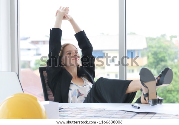 Business Woman Sitting On Chair Put Stock Photo Edit Now