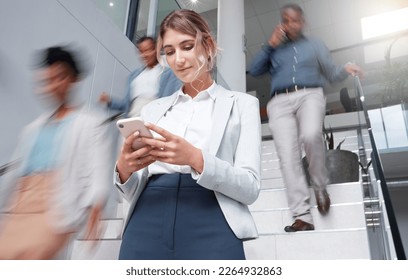 Business woman, smartphone at office with motion blur and communication, fast pace and busy with technology and wifi. Chat, email and social media, female and speed with movement and mobile app