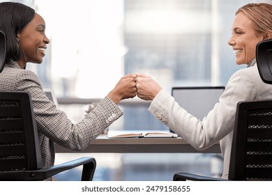 Business, woman and smile with fist bump in office for motivation, project partnership and corporate victory. Female employees, together and support in workplace with accomplishment and achievement. - Powered by Shutterstock