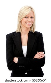 Business woman smiling isolated over a white background