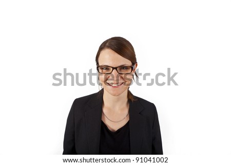 Business woman smiling and looking serious isolated on white