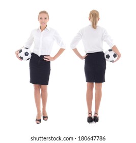 Business Woman With Soccer Ball Isolated On White Background, Front And Back View