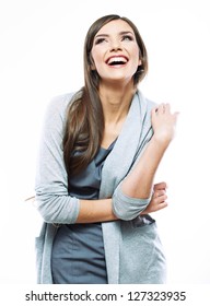 Business Woman Standing Against White Background. Smiling Female Business Model Studio  Posing.