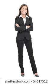 Business Woman Standing In Full Length Isolated On White Background. Beautiful Mixed Race Chinese Asian-Caucasian Young Female Mode In Suit.