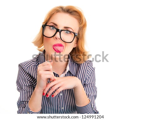 Business woman sticking out tongues and mocking each , isolated on white