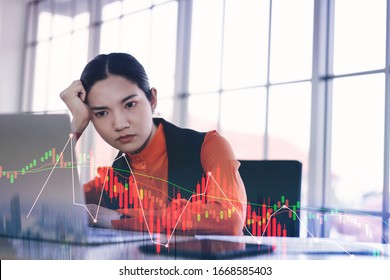 Business Woman Stress From Corona Virus Covid Pandemic Outbreak News Topic. She Paranoid World Of Economy Finance Stock Graph And Marketing. Tokyo City Background.