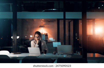 Business woman, stress and laptop in office for corporate communication, internet research and networking. Female person, technology and frustrated working late night for project planning and email - Powered by Shutterstock