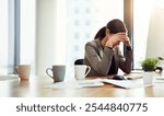 Business, woman and stress at office on computer with emotions for project deadline and submission. Female person, employee and worried or exhausted with poor internet connection and glitch for task