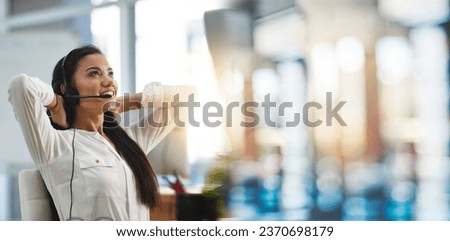 Business, woman or stretching in call center for relax, creative idea or consulting with bokeh or smile. Professional, employee and customer support or service with ideas, inspiration or agent advice